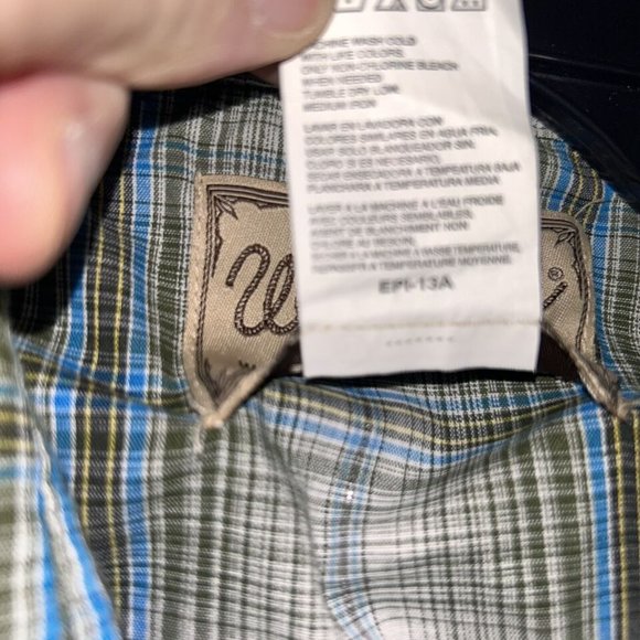 Mens Western Shirt XL Wrangler Pearl Snap Plaid Short Sleeve Green white - Picture 6 of 9